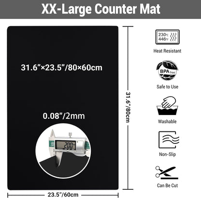 35.6x23.5 Inch Extra Large Silicone Mats for Kitchen Counter, 2MM Thick Heat Resistant Coffee Mat Bar Mat, Glass Top Stove Cover Countertop Protector for Air Fryer, Baking, Crafts, Black