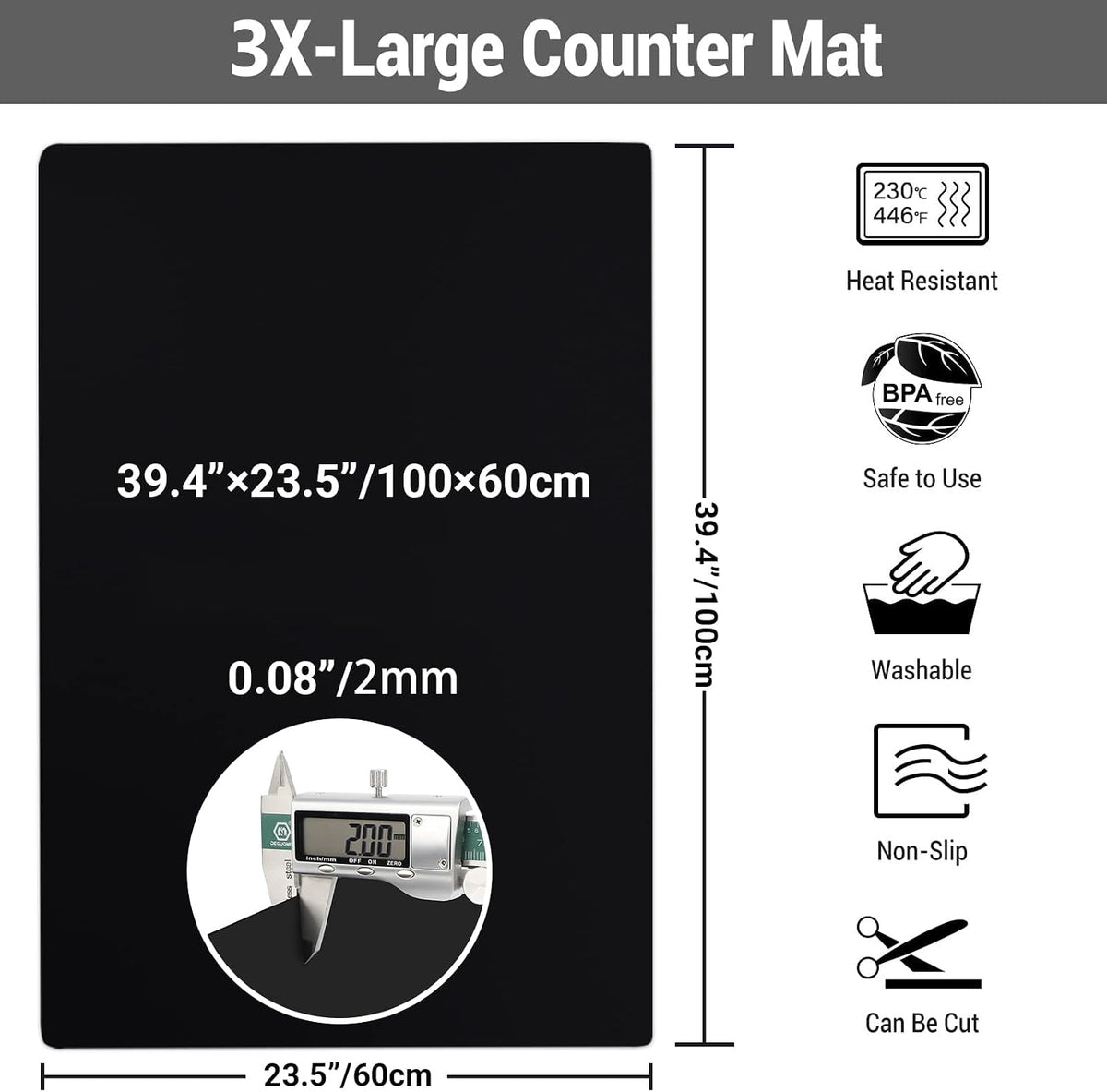 35.6x23.5 Inch Extra Large Silicone Mats for Kitchen Counter, 2MM Thick Heat Resistant Coffee Mat Bar Mat, Glass Top Stove Cover Countertop Protector for Air Fryer, Baking, Crafts, Black