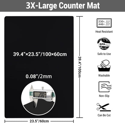 35.6x23.5 Inch Extra Large Silicone Mats for Kitchen Counter, 2MM Thick Heat Resistant Coffee Mat Bar Mat, Glass Top Stove Cover Countertop Protector for Air Fryer, Baking, Crafts, Black