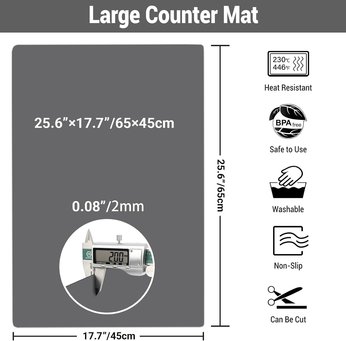 35.6x23.5 Inch Extra Large Silicone Mats for Kitchen Counter, 2MM Thick Heat Resistant Coffee Mat Bar Mat, Glass Top Stove Cover Countertop Protector for Air Fryer, Baking, Crafts, Black