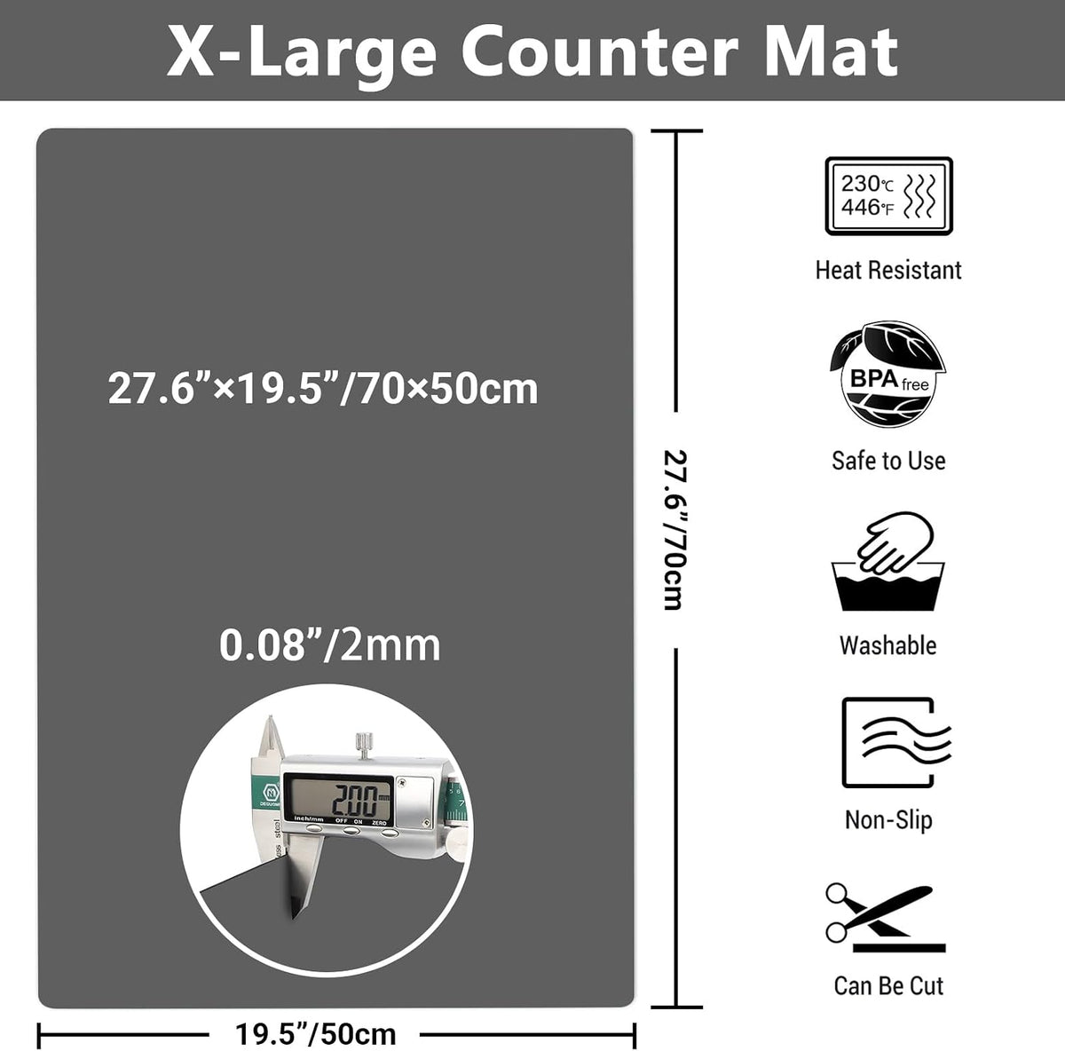 35.6x23.5 Inch Extra Large Silicone Mats for Kitchen Counter, 2MM Thick Heat Resistant Coffee Mat Bar Mat, Glass Top Stove Cover Countertop Protector for Air Fryer, Baking, Crafts, Black