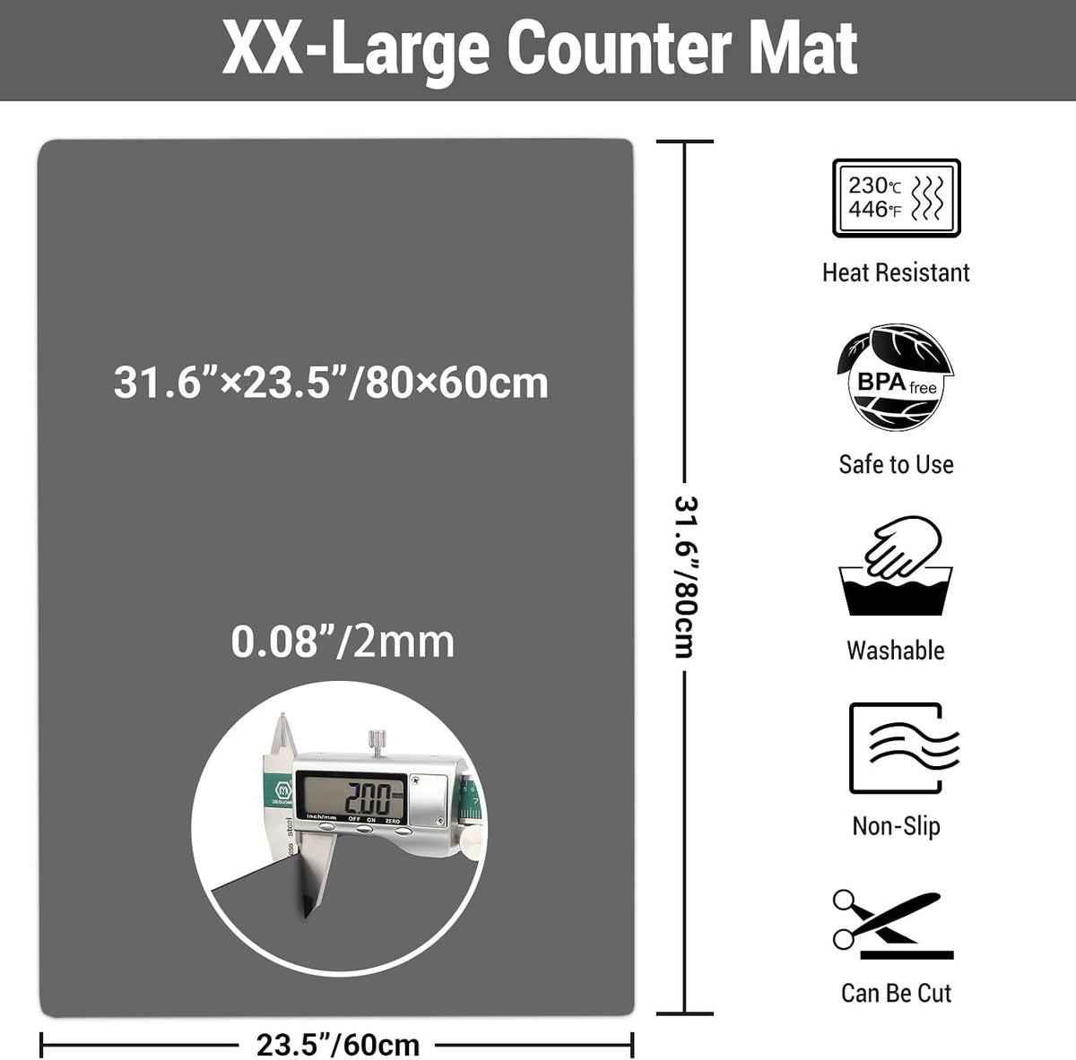 35.6x23.5 Inch Extra Large Silicone Mats for Kitchen Counter, 2MM Thick Heat Resistant Coffee Mat Bar Mat, Glass Top Stove Cover Countertop Protector for Air Fryer, Baking, Crafts, Black