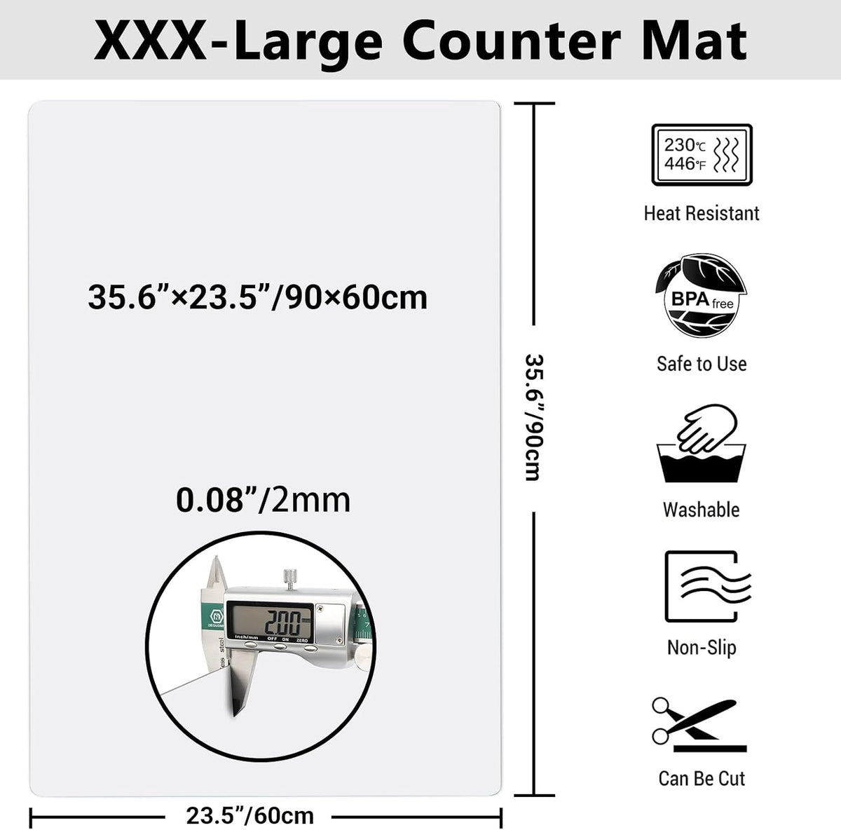 35.6x23.5 Inch Extra Large Silicone Mats for Kitchen Counter, 2MM Thick Heat Resistant Coffee Mat Bar Mat, Glass Top Stove Cover Countertop Protector for Air Fryer, Baking, Crafts, Black