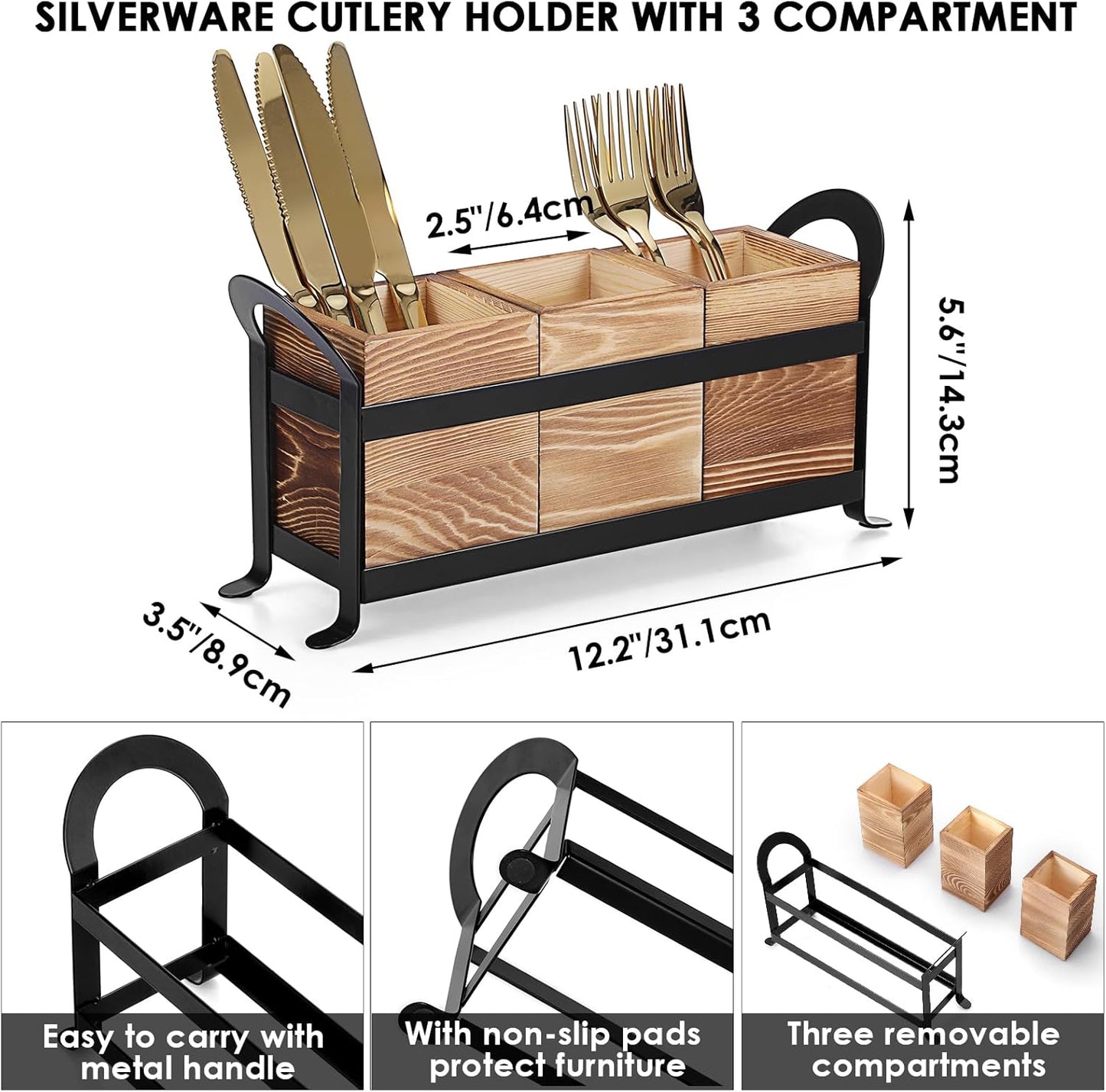 Wooden Utensil Caddy, Farmhouse Kitchen Silverware Holder with 3 Compartment, Flatware Organizer with Black Portable Metal Tray, Utensil Cutlery Organizer for Forks Spoons Knives, Wood