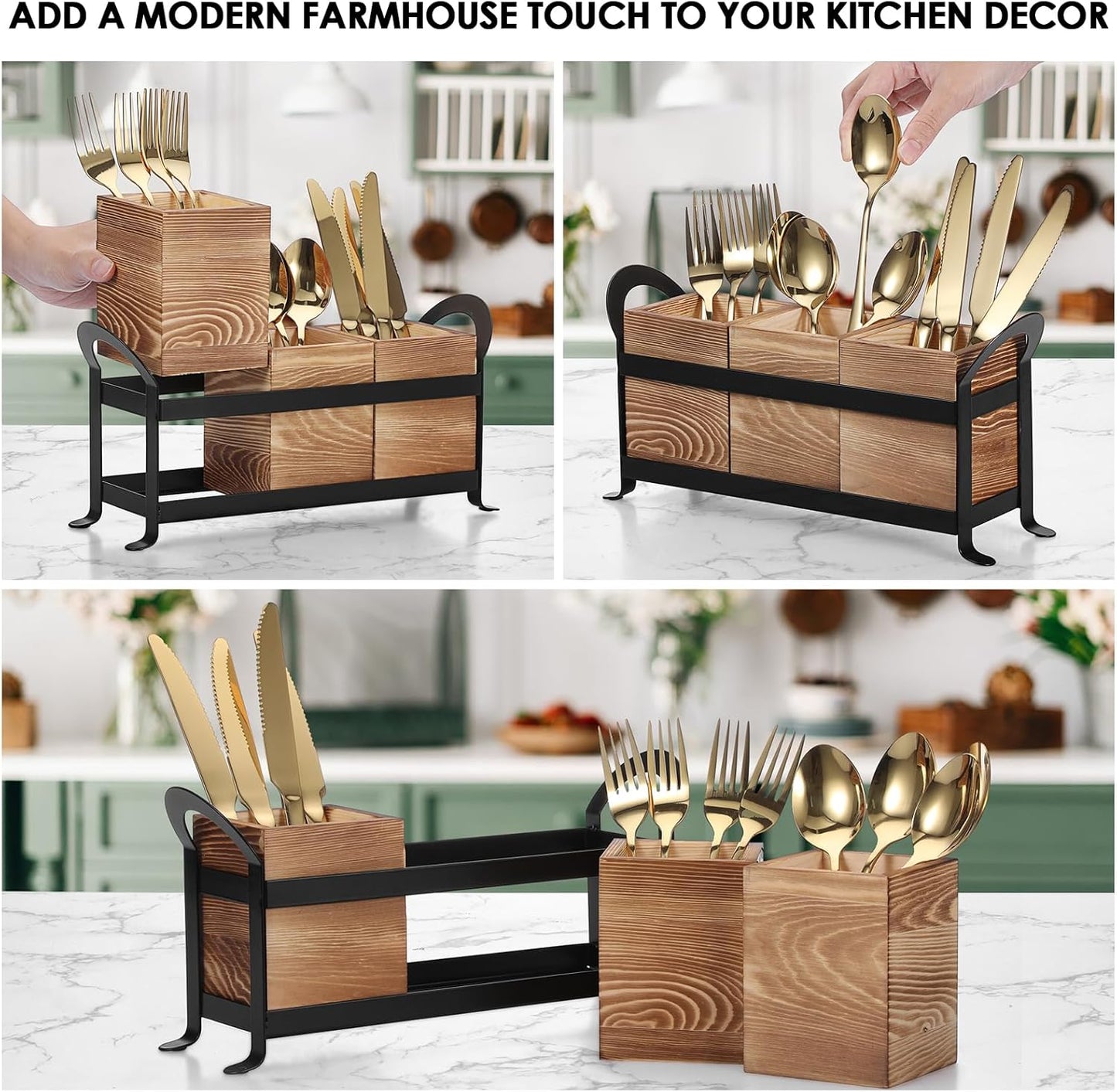 Wooden Utensil Caddy, Farmhouse Kitchen Silverware Holder with 3 Compartment, Flatware Organizer with Black Portable Metal Tray, Utensil Cutlery Organizer for Forks Spoons Knives, Wood