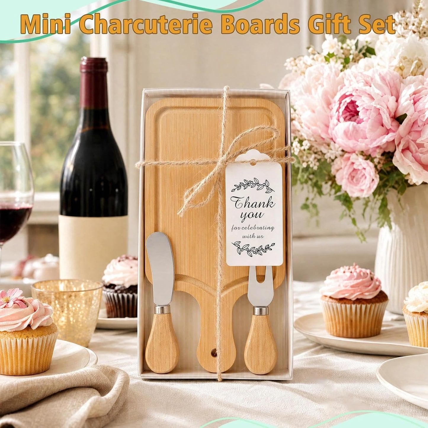 1 Set Baby Shower Prizes for Game Winners Mini Charcuterie Boards Set | Bamboo Bridal Shower Gifts for Guests, Wedding Favor Small Cheese Board Gift Set with Knives, Forks, Thank You Card &Gift Box