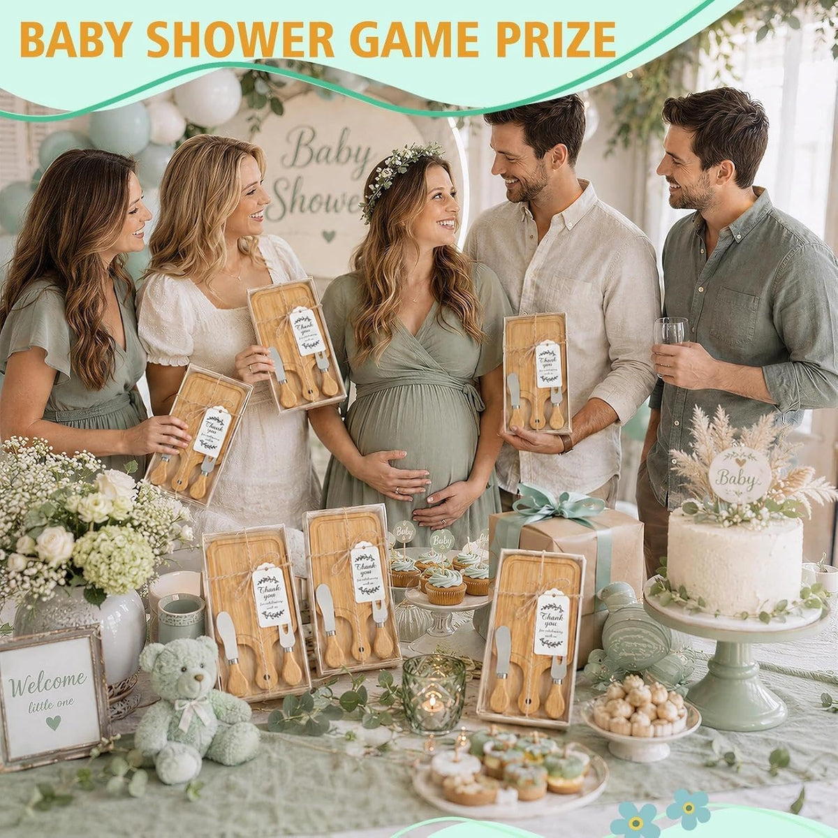 1 Set Baby Shower Prizes for Game Winners Mini Charcuterie Boards Set | Bamboo Bridal Shower Gifts for Guests, Wedding Favor Small Cheese Board Gift Set with Knives, Forks, Thank You Card &Gift Box