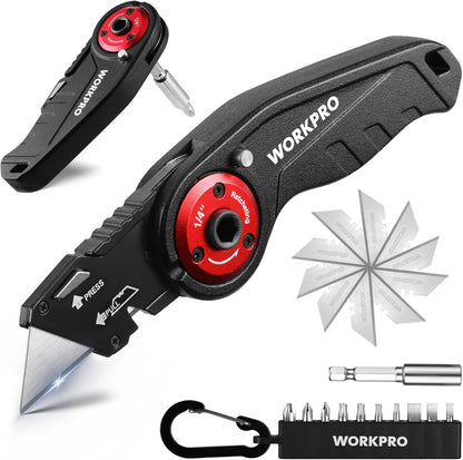 Folding Utility Knife, EDC Work Knife | 2-in-1 Multitool Knife with Ratcheting Screwdriver, Box Cutter Quick Blade Change, Extra 10 Bit Sets and SK5 Blades