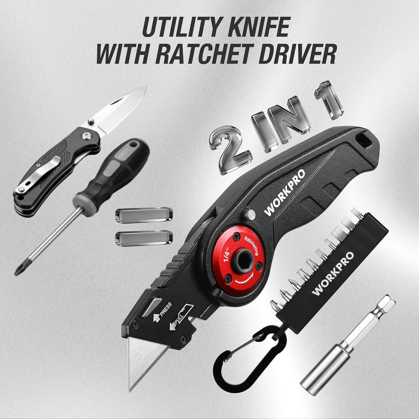 Folding Utility Knife, EDC Work Knife | 2-in-1 Multitool Knife with Ratcheting Screwdriver, Box Cutter Quick Blade Change, Extra 10 Bit Sets and SK5 Blades
