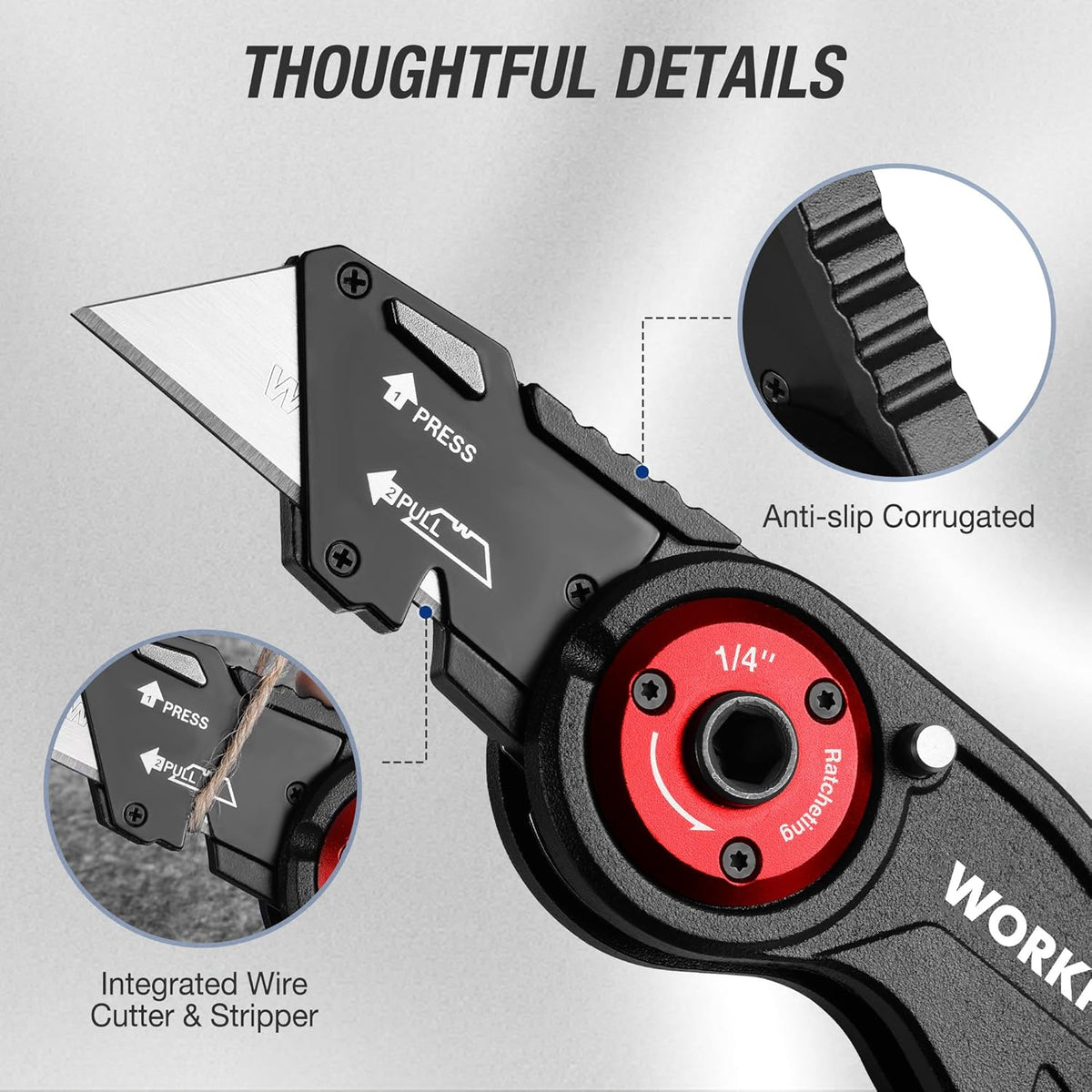 Folding Utility Knife, EDC Work Knife | 2-in-1 Multitool Knife with Ratcheting Screwdriver, Box Cutter Quick Blade Change, Extra 10 Bit Sets and SK5 Blades