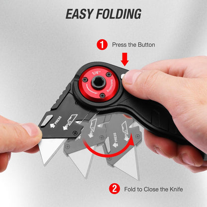Folding Utility Knife, EDC Work Knife | 2-in-1 Multitool Knife with Ratcheting Screwdriver, Box Cutter Quick Blade Change, Extra 10 Bit Sets and SK5 Blades