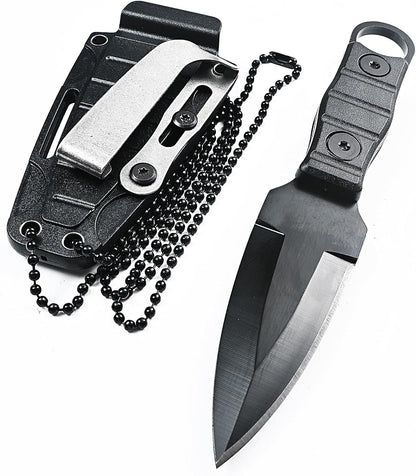 Fixed Blade Knife, Full Tang w/Kydex Sheath, Belt Clip and Necklace easy Carry, Good for Camping Hiking Knife, Fishing Hunting edc MIN Knife Black
