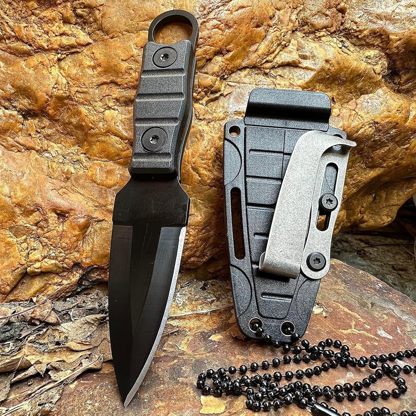 Fixed Blade Knife, Full Tang w/Kydex Sheath, Belt Clip and Necklace easy Carry, Good for Camping Hiking Knife, Fishing Hunting edc MIN Knife Black