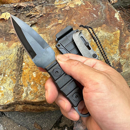 Fixed Blade Knife, Full Tang w/Kydex Sheath, Belt Clip and Necklace easy Carry, Good for Camping Hiking Knife, Fishing Hunting edc MIN Knife Black