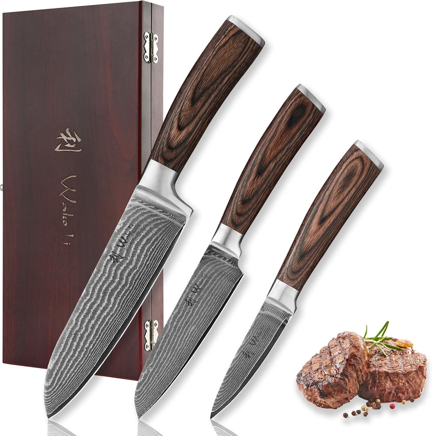 EDIB 4-Piece Damascus Knife Set – Professional Kitchen Knife Set, 67-Layer Genuine Damascus Steel, High Carbon Stainless Steel Core (VG10), Ergonomic Pakkawood Handles, In Elegant Gift Box