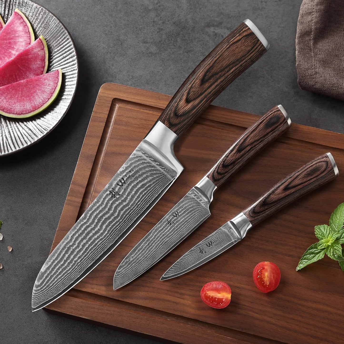 EDIB 4-Piece Damascus Knife Set – Professional Kitchen Knife Set, 67-Layer Genuine Damascus Steel, High Carbon Stainless Steel Core (VG10), Ergonomic Pakkawood Handles, In Elegant Gift Box