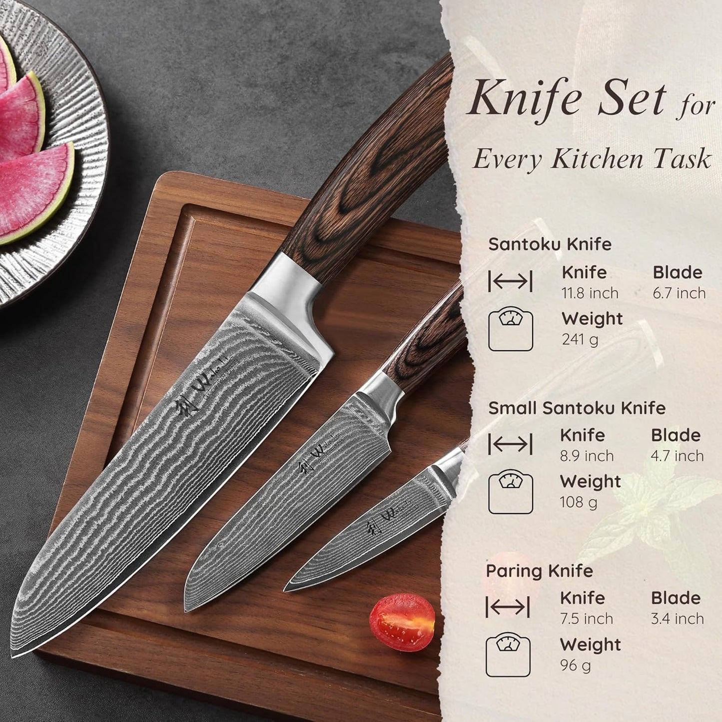 EDIB 4-Piece Damascus Knife Set – Professional Kitchen Knife Set, 67-Layer Genuine Damascus Steel, High Carbon Stainless Steel Core (VG10), Ergonomic Pakkawood Handles, In Elegant Gift Box