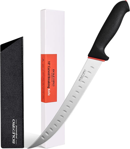 10-inch Curved Breaking Knife, Butcher Knife for Meat Cutting | High Carbon Stainless Steel,Ergonomic Soft-Grip Handle,Curved Blade for Butchering,Sheath & Safe Storage,Sharp Durable Blade.