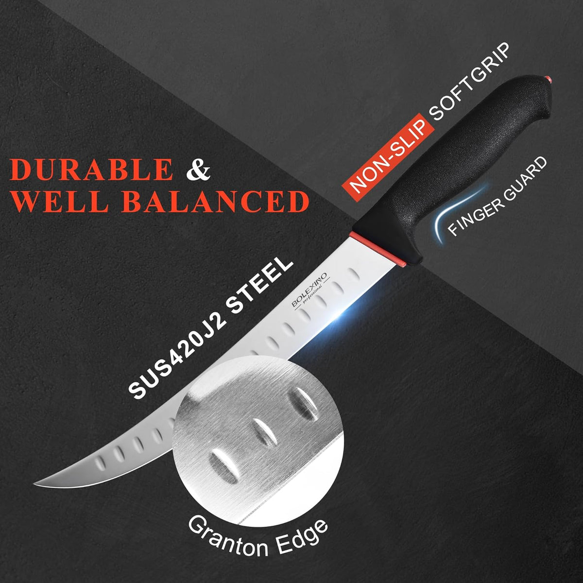 10-inch Curved Breaking Knife, Butcher Knife for Meat Cutting | High Carbon Stainless Steel,Ergonomic Soft-Grip Handle,Curved Blade for Butchering,Sheath & Safe Storage,Sharp Durable Blade.