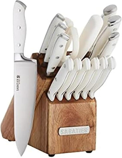 15-Piece Forged Triple Rivet Knife Block Set, High-Carbon Stainless Steel Kitchen Knives, Razor-Sharp Knife set with Acacia Wood Block, White Handles