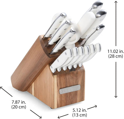 15-Piece Forged Triple Rivet Knife Block Set, High-Carbon Stainless Steel Kitchen Knives, Razor-Sharp Knife set with Acacia Wood Block, White Handles