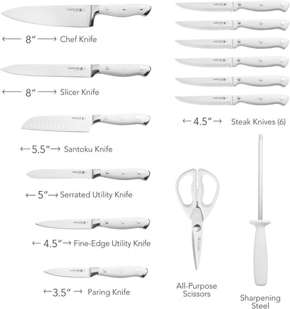 15-Piece Forged Triple Rivet Knife Block Set, High-Carbon Stainless Steel Kitchen Knives, Razor-Sharp Knife set with Acacia Wood Block, White Handles