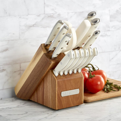 15-Piece Forged Triple Rivet Knife Block Set, High-Carbon Stainless Steel Kitchen Knives, Razor-Sharp Knife set with Acacia Wood Block, White Handles