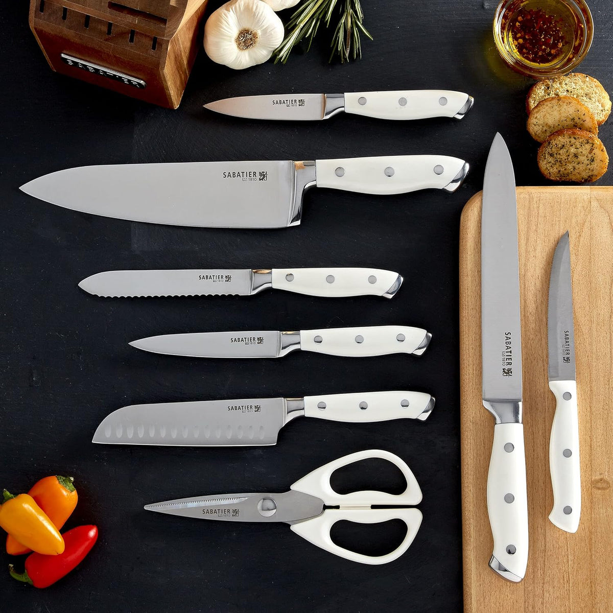 15-Piece Forged Triple Rivet Knife Block Set, High-Carbon Stainless Steel Kitchen Knives, Razor-Sharp Knife set with Acacia Wood Block, White Handles