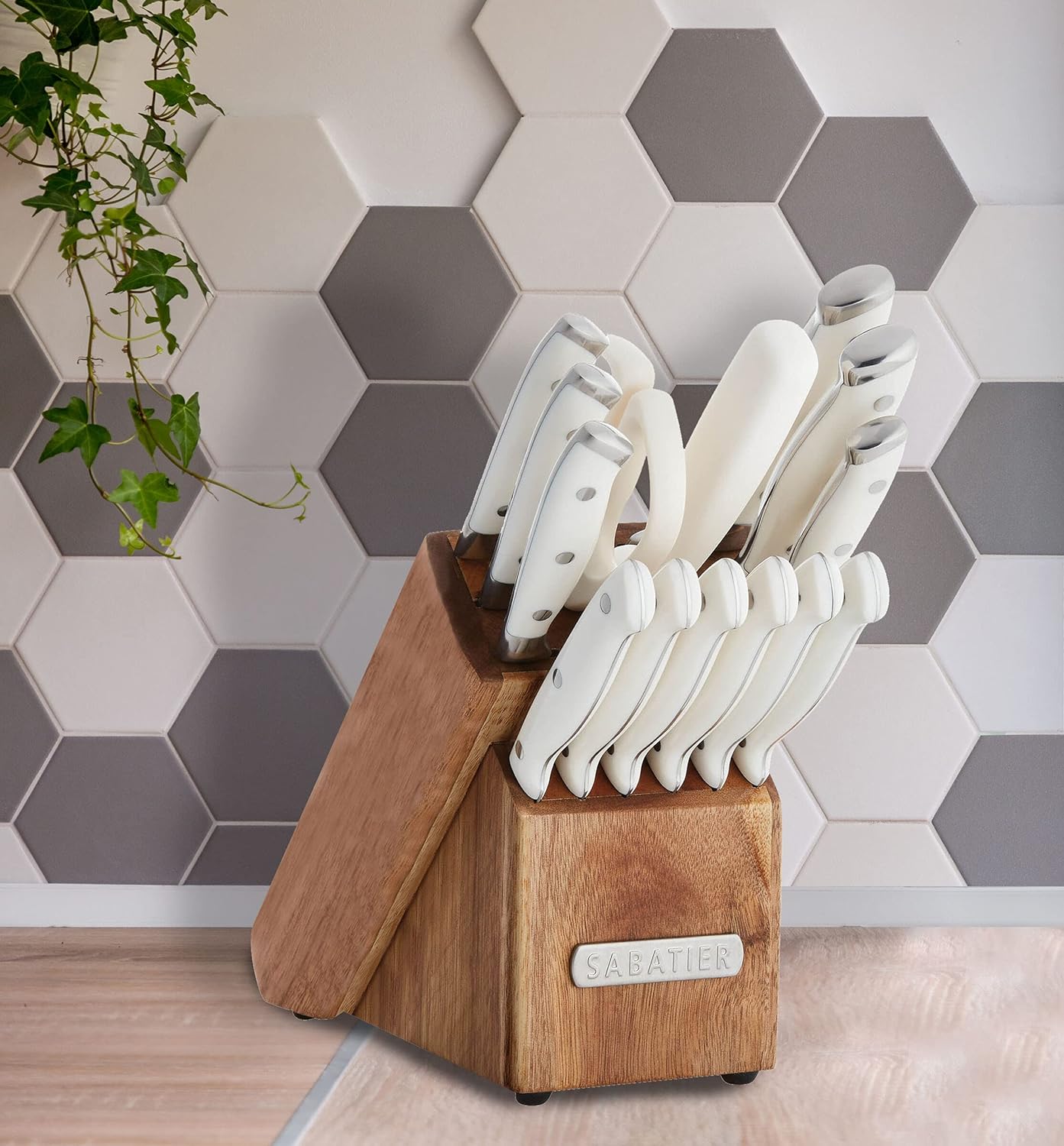 15-Piece Forged Triple Rivet Knife Block Set, High-Carbon Stainless Steel Kitchen Knives, Razor-Sharp Knife set with Acacia Wood Block, White Handles