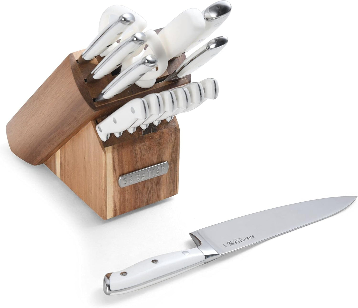 15-Piece Forged Triple Rivet Knife Block Set, High-Carbon Stainless Steel Kitchen Knives, Razor-Sharp Knife set with Acacia Wood Block, White Handles