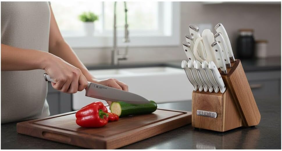 15-Piece Forged Triple Rivet Knife Block Set, High-Carbon Stainless Steel Kitchen Knives, Razor-Sharp Knife set with Acacia Wood Block, White Handles