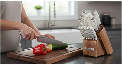15-Piece Forged Triple Rivet Knife Block Set, High-Carbon Stainless Steel Kitchen Knives, Razor-Sharp Knife set with Acacia Wood Block, White Handles