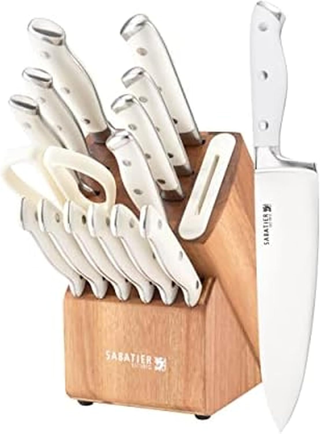 15-Piece Forged Triple Rivet Knife Block Set, High-Carbon Stainless Steel Kitchen Knives, Razor-Sharp Knife set with Acacia Wood Block, White Handles