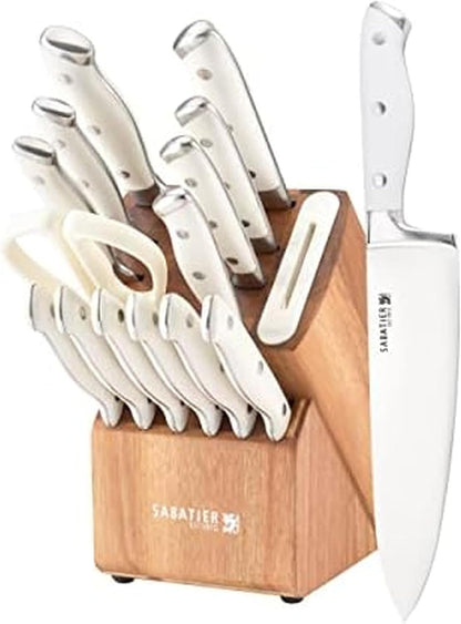 15-Piece Forged Triple Rivet Knife Block Set, High-Carbon Stainless Steel Kitchen Knives, Razor-Sharp Knife set with Acacia Wood Block, White Handles
