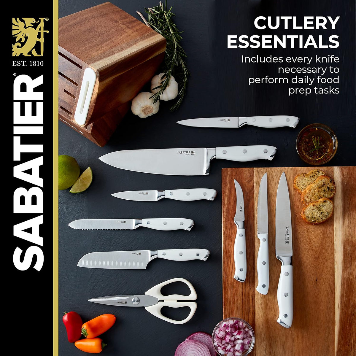 15-Piece Forged Triple Rivet Knife Block Set, High-Carbon Stainless Steel Kitchen Knives, Razor-Sharp Knife set with Acacia Wood Block, White Handles