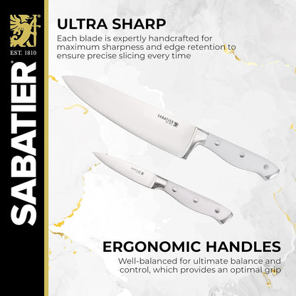 15-Piece Forged Triple Rivet Knife Block Set, High-Carbon Stainless Steel Kitchen Knives, Razor-Sharp Knife set with Acacia Wood Block, White Handles
