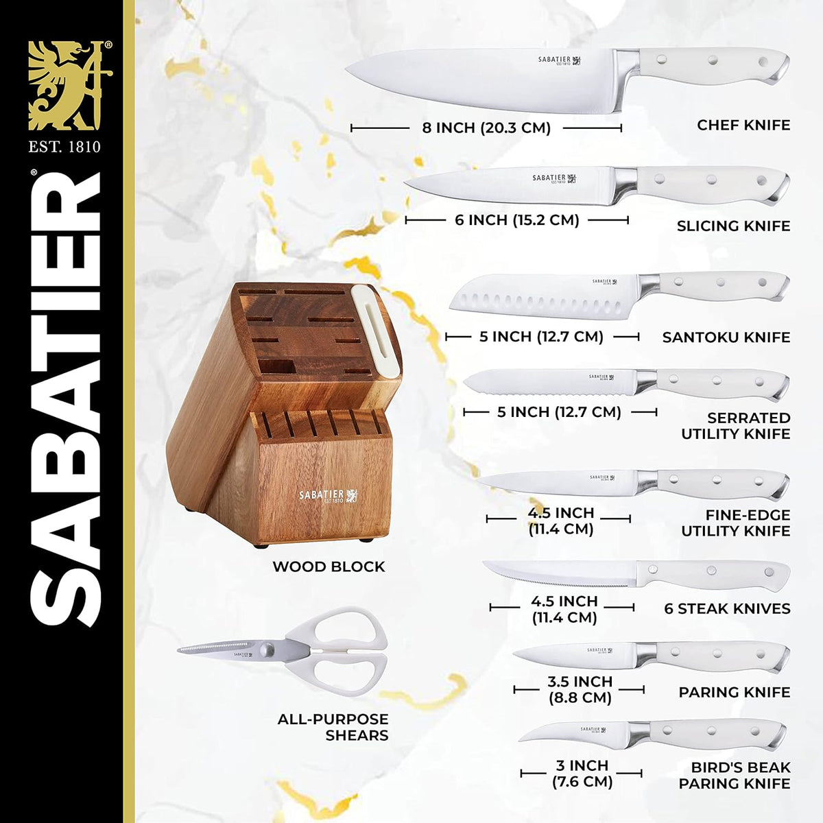 15-Piece Forged Triple Rivet Knife Block Set, High-Carbon Stainless Steel Kitchen Knives, Razor-Sharp Knife set with Acacia Wood Block, White Handles