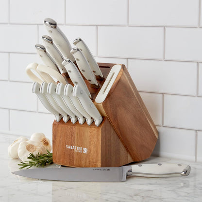 15-Piece Forged Triple Rivet Knife Block Set, High-Carbon Stainless Steel Kitchen Knives, Razor-Sharp Knife set with Acacia Wood Block, White Handles