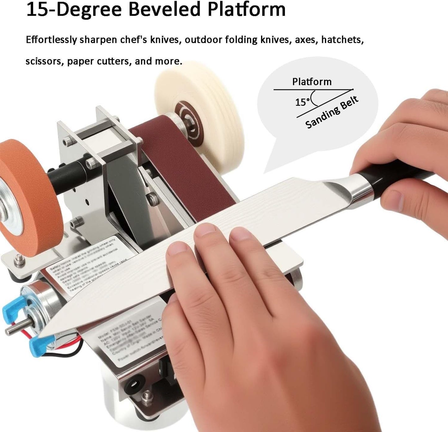 Belt Sander Electric Knife Sharpener Features 15-Degree Bevel And 90-Degree Platform Grinds Wood, Metal, Or Polishes Leather Goods And Wood Surfaces Wide Design Ensures Stability And Low Noise