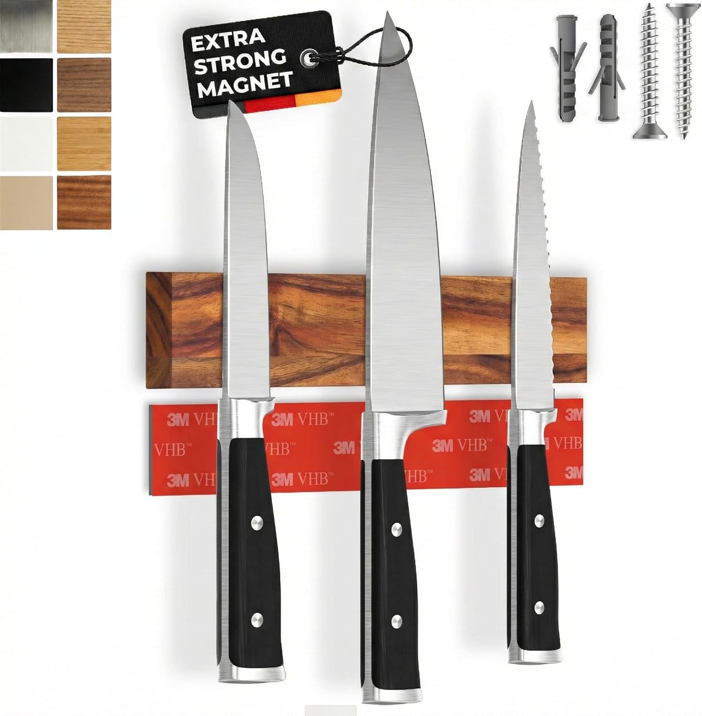 for wall, 16" no drilling required, includes self-adhesive tape, extra strong for holding knives – Awarded magnet strip – Acacia