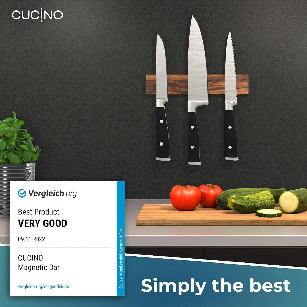 for wall, 16" no drilling required, includes self-adhesive tape, extra strong for holding knives – Awarded magnet strip – Acacia