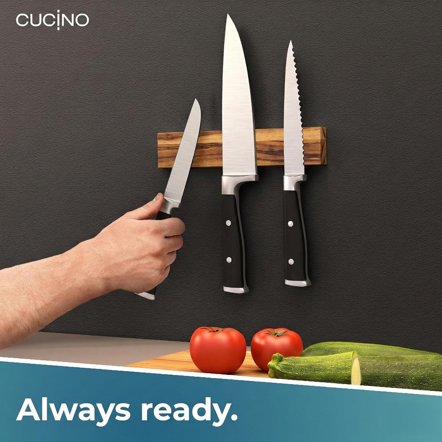 for wall, 16" no drilling required, includes self-adhesive tape, extra strong for holding knives – Awarded magnet strip – Acacia