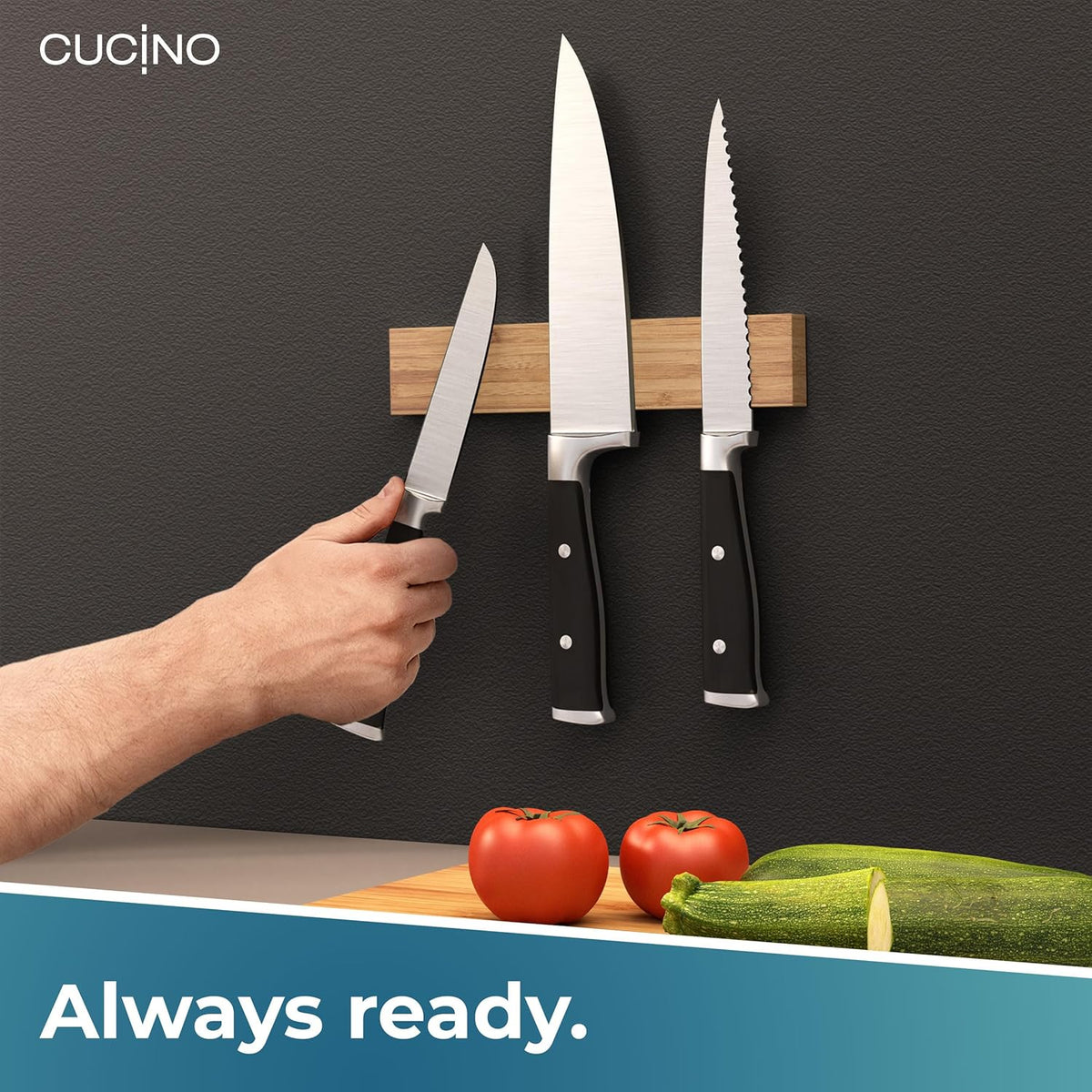 for wall, 16" no drilling required, includes self-adhesive tape, extra strong for holding knives – Awarded magnet strip – Acacia