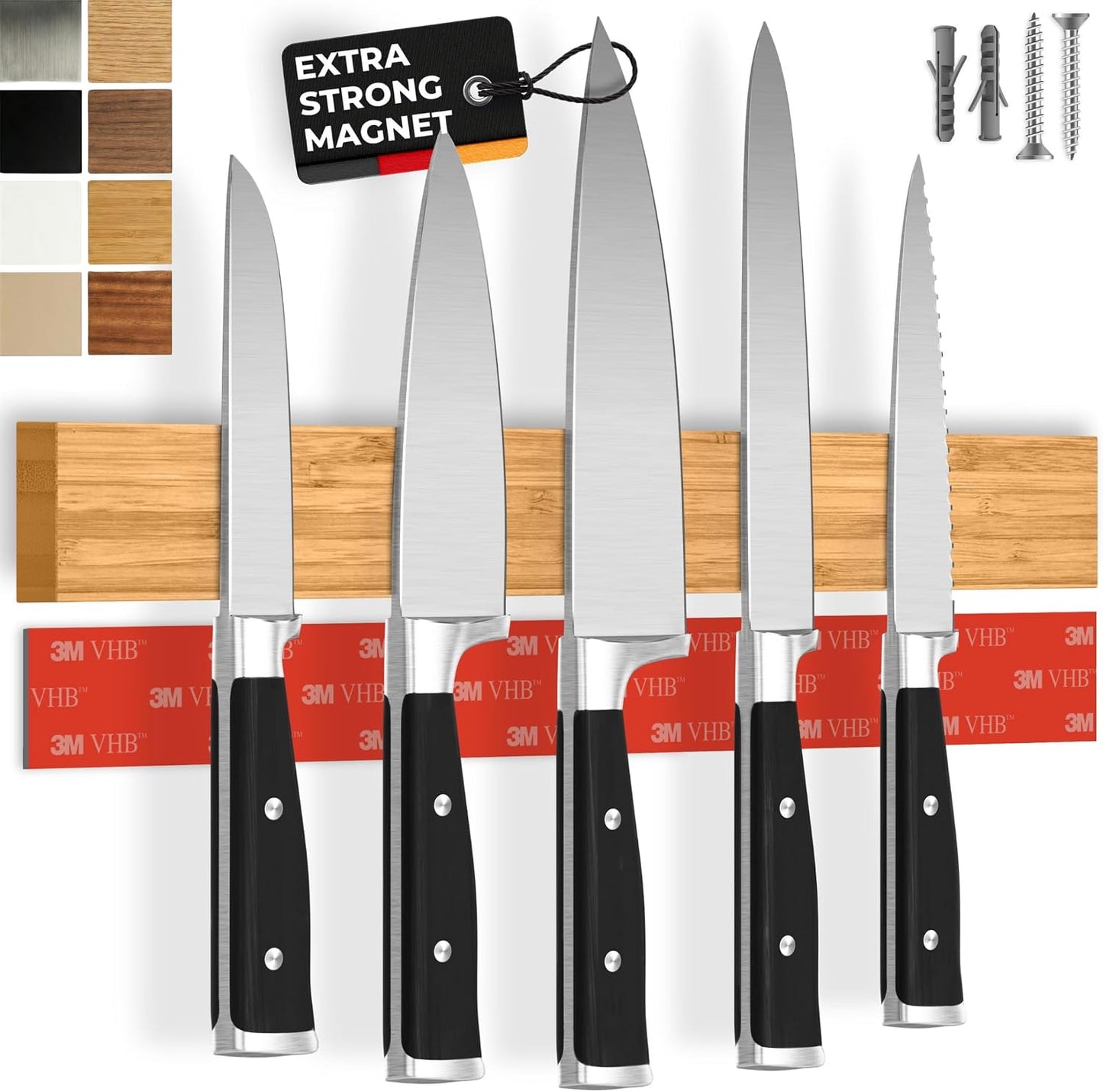 for wall, 16" no drilling required, includes self-adhesive tape, extra strong for holding knives – Awarded magnet strip – Acacia