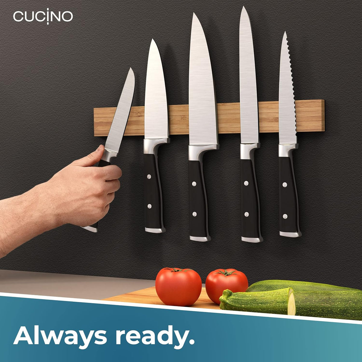 for wall, 16" no drilling required, includes self-adhesive tape, extra strong for holding knives – Awarded magnet strip – Acacia