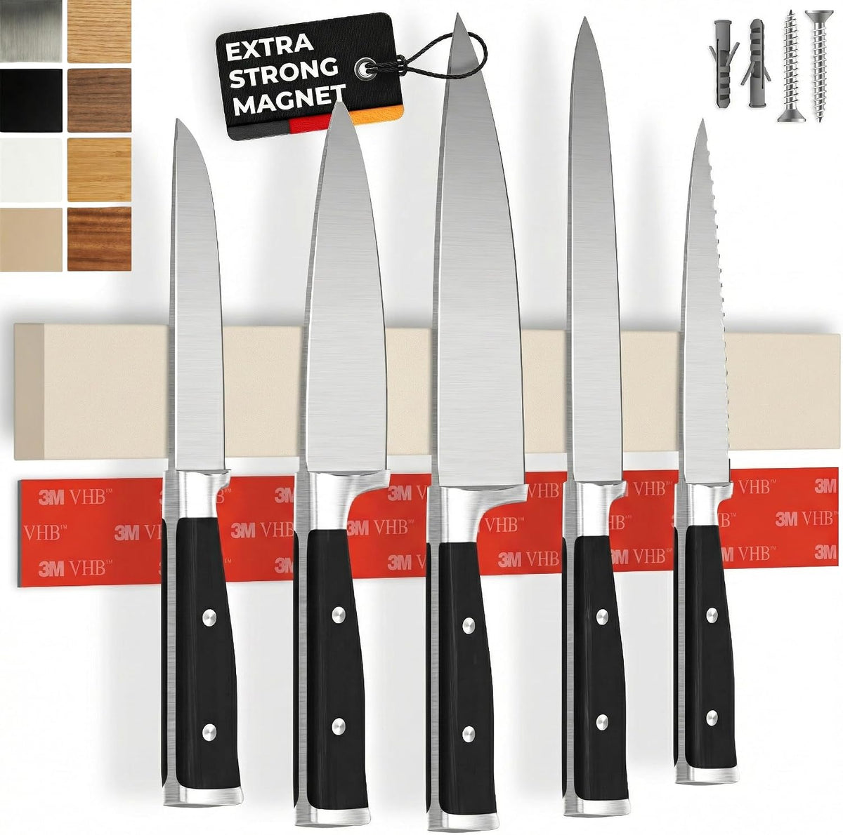 for wall, 16" no drilling required, includes self-adhesive tape, extra strong for holding knives – Awarded magnet strip – Acacia