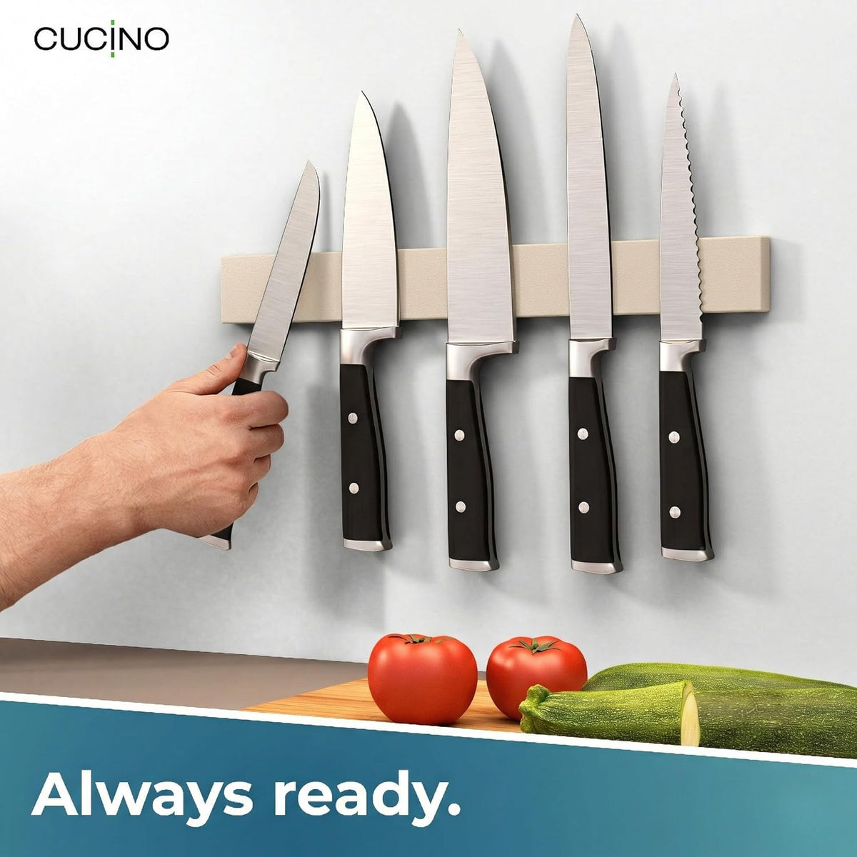 for wall, 16" no drilling required, includes self-adhesive tape, extra strong for holding knives – Awarded magnet strip – Acacia