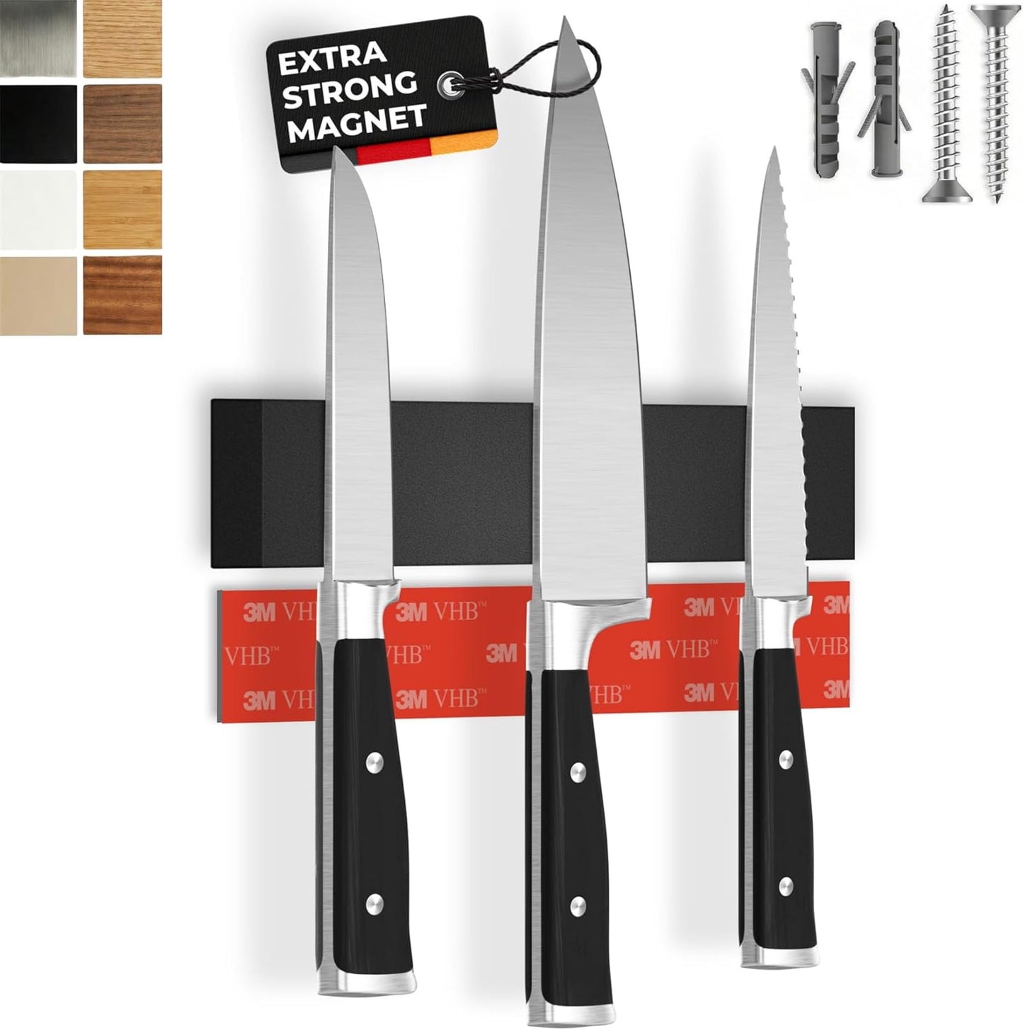for wall, 16" no drilling required, includes self-adhesive tape, extra strong for holding knives – Awarded magnet strip – Acacia