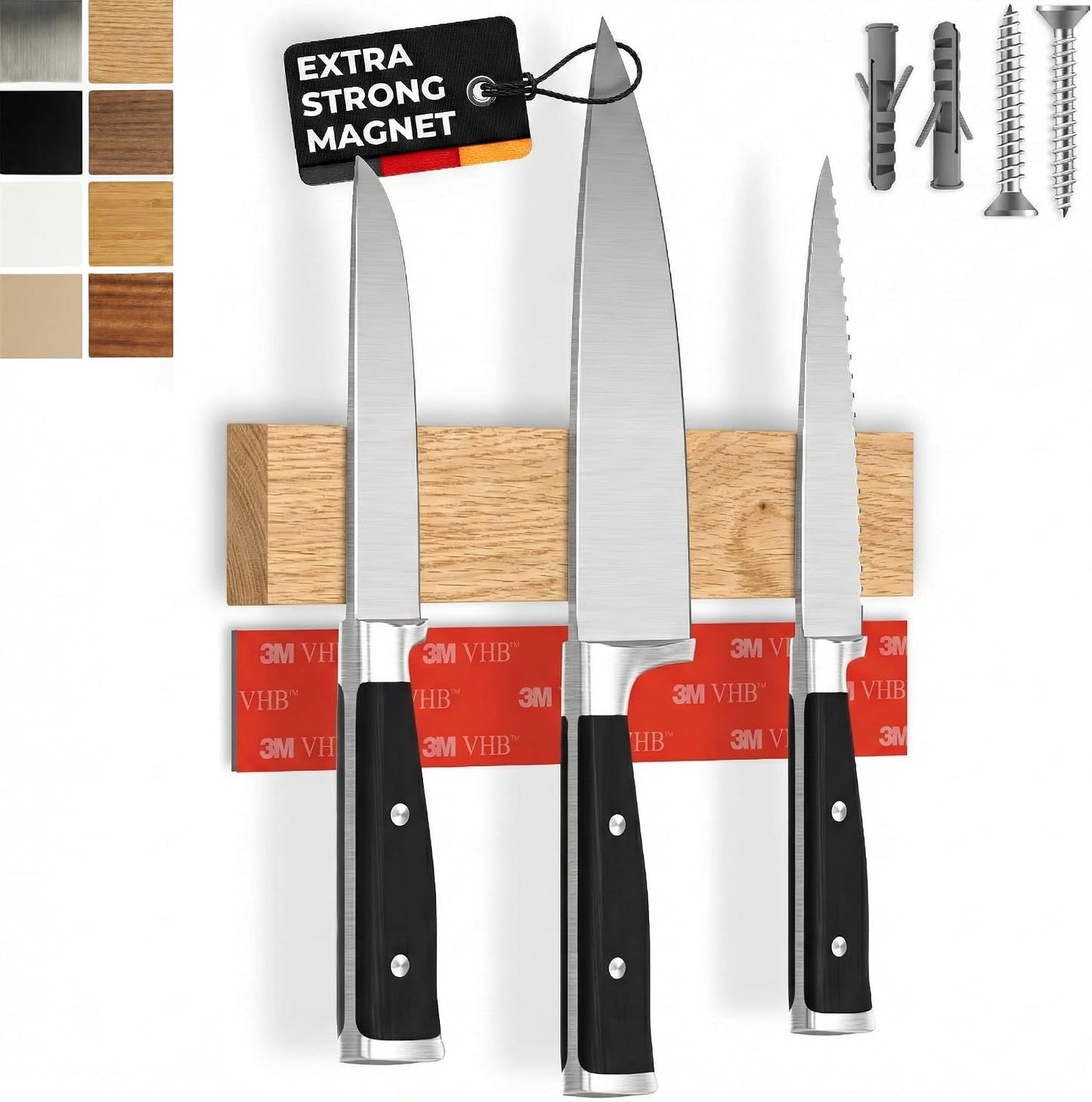 for wall, 16" no drilling required, includes self-adhesive tape, extra strong for holding knives – Awarded magnet strip – Acacia
