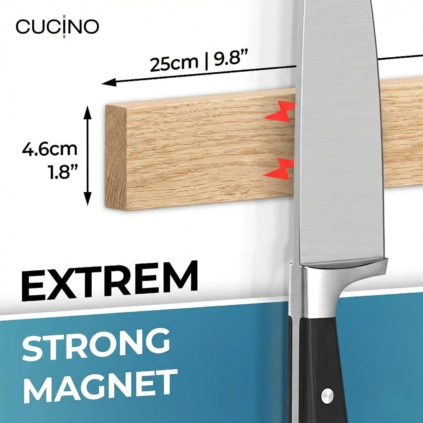 for wall, 16" no drilling required, includes self-adhesive tape, extra strong for holding knives – Awarded magnet strip – Acacia